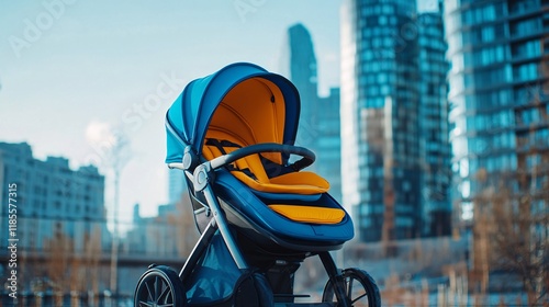 Modern Stroller in Urban Setting with High-Rise Buildings photo