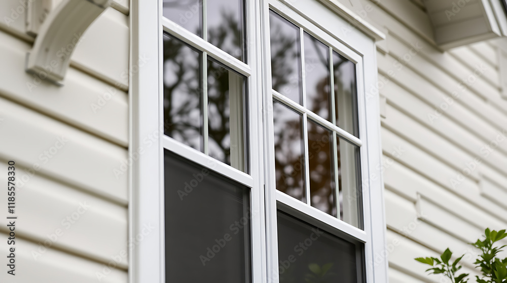 A close-up view of a white, multi-paned window installed in off-white vinyl siding. The window features a dark screen.  A portion of a white decorative bracket is visible in the upper left corner.