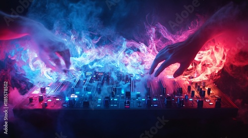 Colorful DJ Mixer with Hands and Smoke in Blue and Red Lights