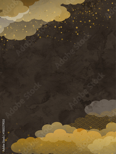 和風の雲と金箔の黒のベクターイラスト背景