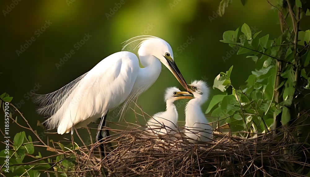 A mother bird feeds the newly born little white egret A mother bird feeds the newly born little white egret