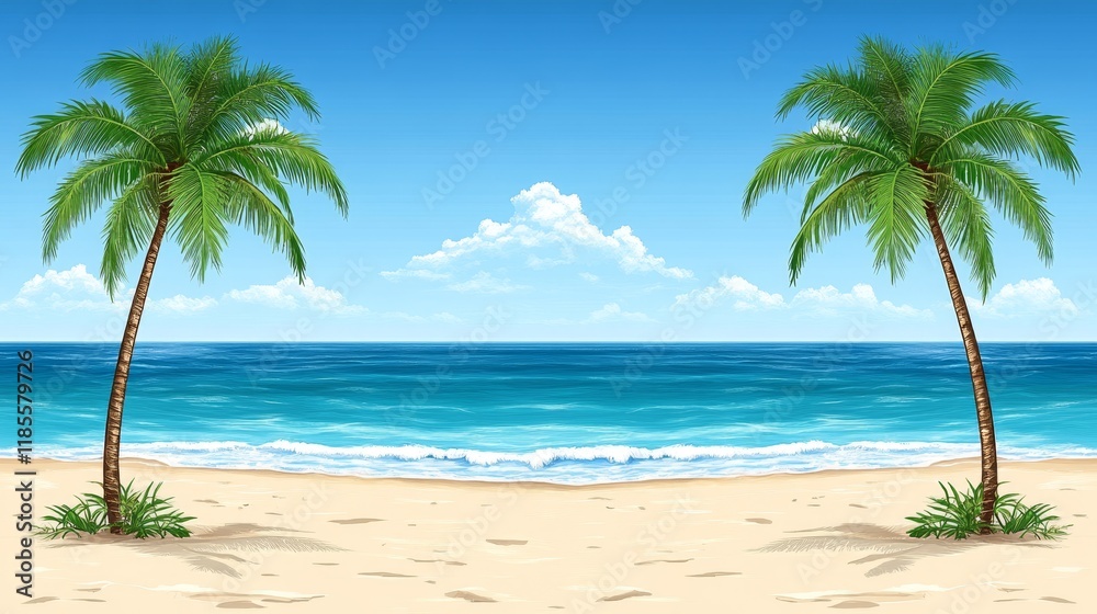 Obraz premium Idyllic tropical beach scene with two palm trees framing a tranquil ocean