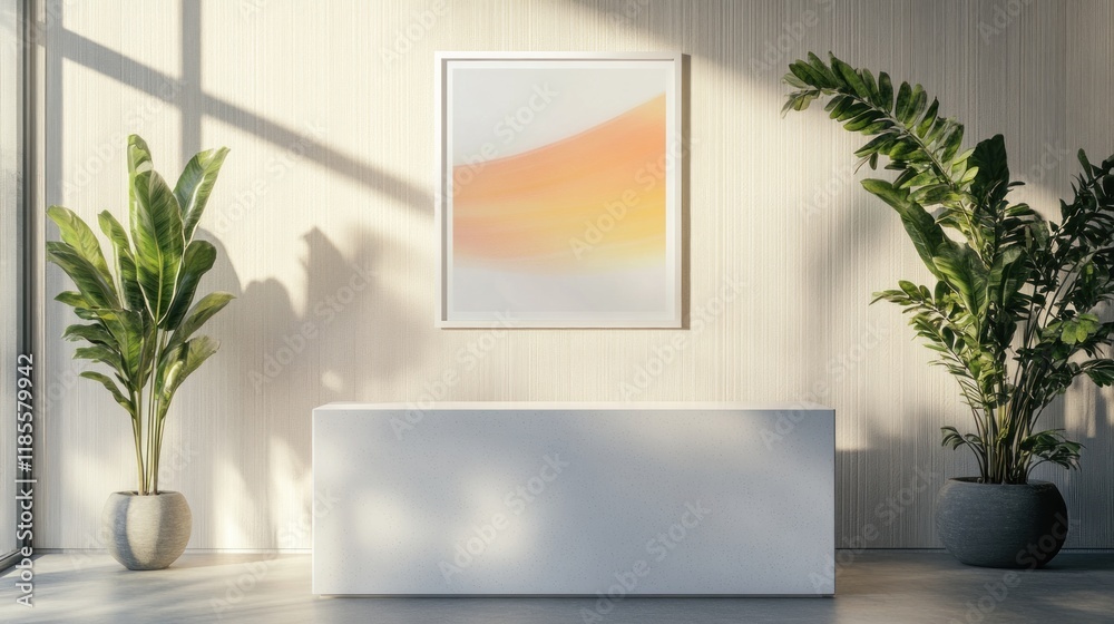 Minimalist interior with white reception desk, plants, and abstract art. Minimalist interior with white reception desk, plants, and abstract art.