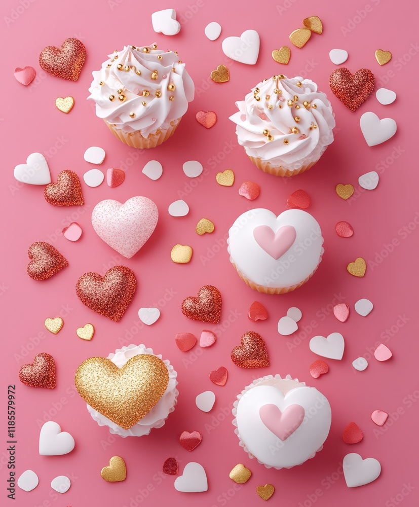 Indulge in three delightful cupcakes, adorned with creamy white frosting and sparkling gold sprinkles, perfect for a sweet Valentine's Day treat. Indulge in three delightful cupcakes, adorned with creamy white frosting and sparkling gold sprinkles, perfect for a sweet Valentine's Day treat.