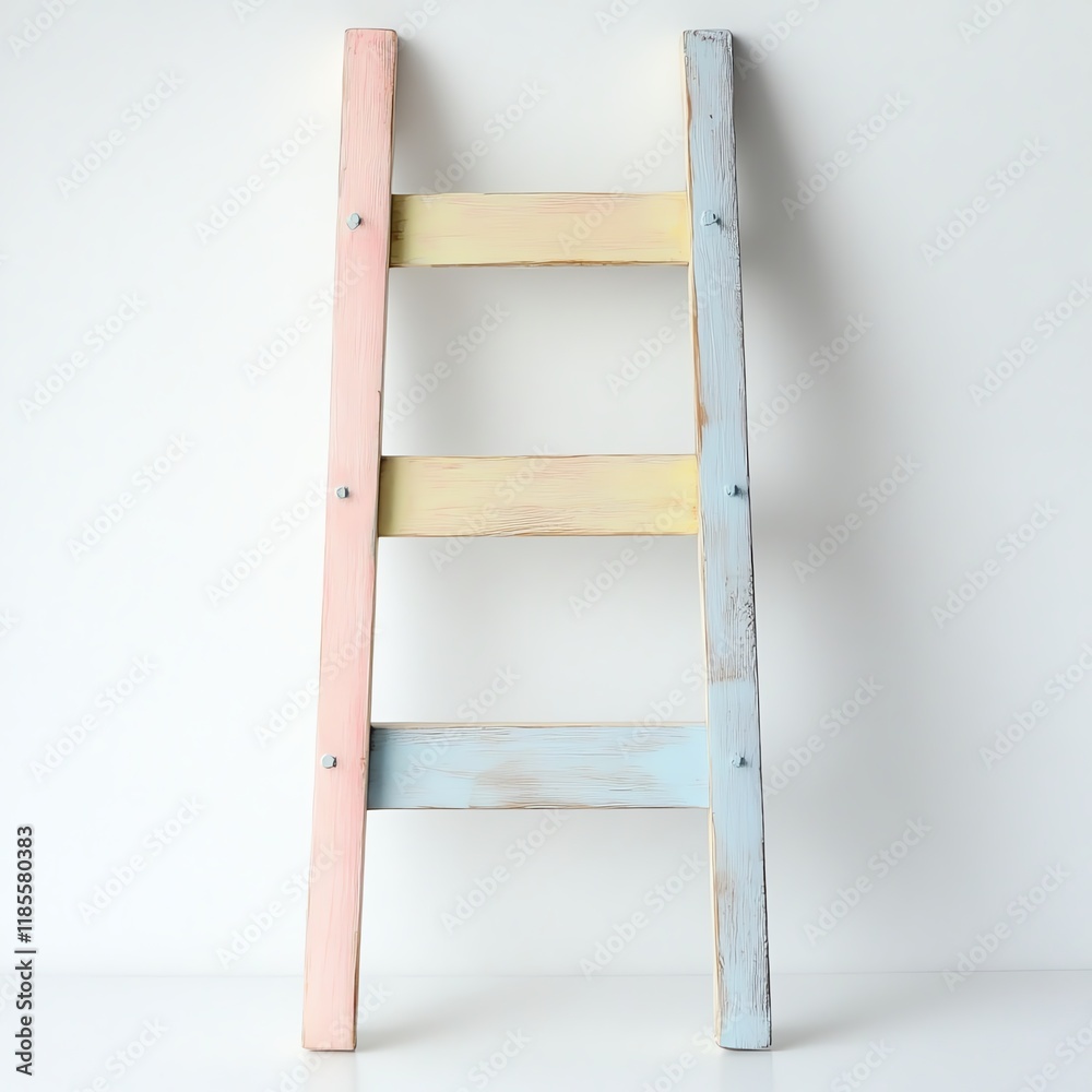 Pastel colored wooden ladder on a white isolated background. Pastel colored wooden ladder on a white isolated background.