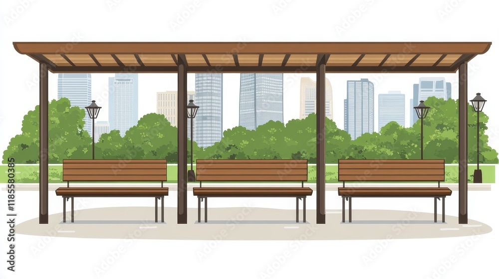 Fototapeta premium Urban park shelter with three benches offering shade and respite