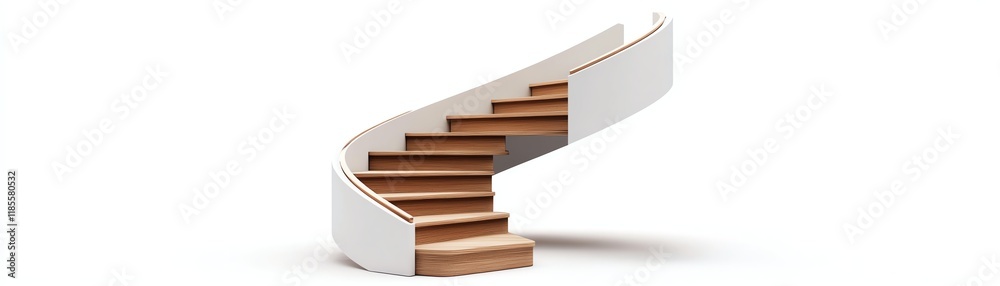Curved wooden staircase with white railing, isolated on a white background. Curved wooden staircase with white railing, isolated on a white background.