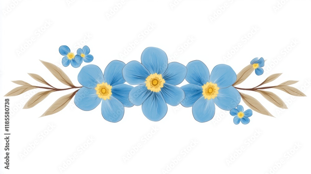 A decorative arrangement of Forget-Me-Not Flowers with yellow centers and leaves, ideal for design use. A decorative arrangement of Forget-Me-Not Flowers with yellow centers and leaves, ideal for design use.