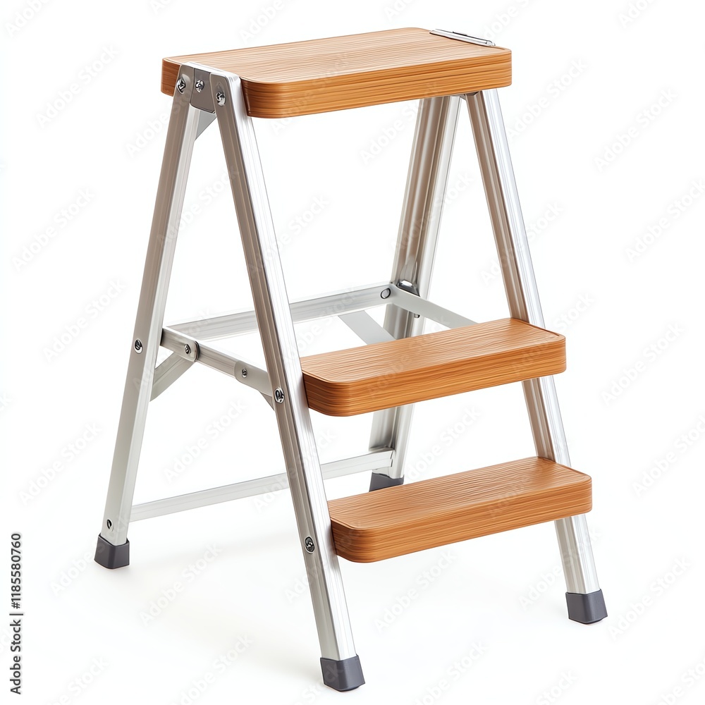 Three-step ladder with wooden steps and metal frame, white isolate background. Three-step ladder with wooden steps and metal frame, white isolate background.