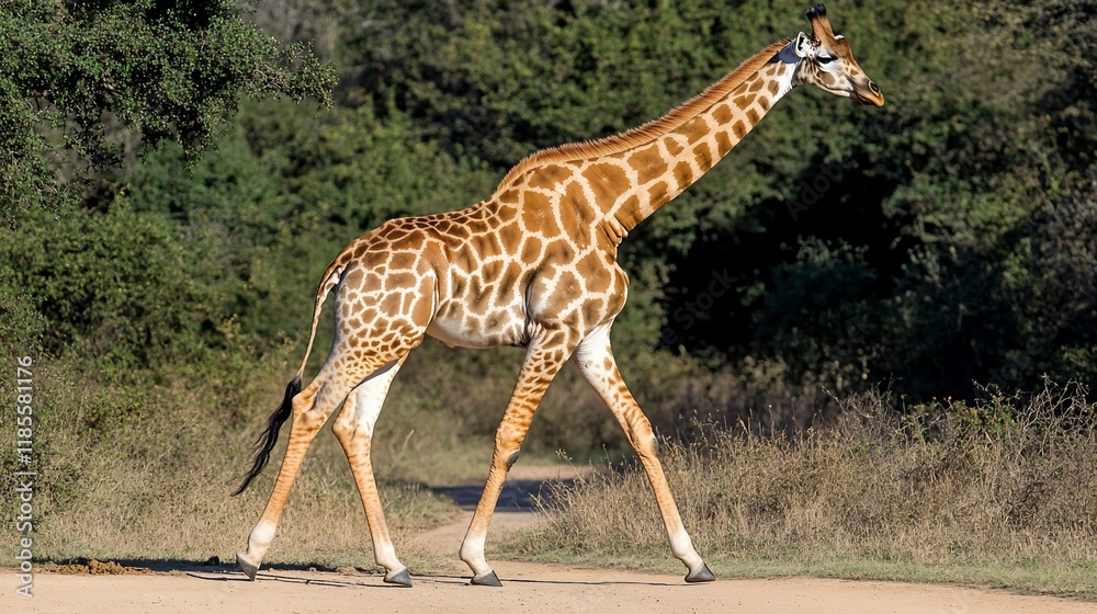 A giraffe walking gracefully along a dirt path in a natural setting. A giraffe walking gracefully along a dirt path in a natural setting.