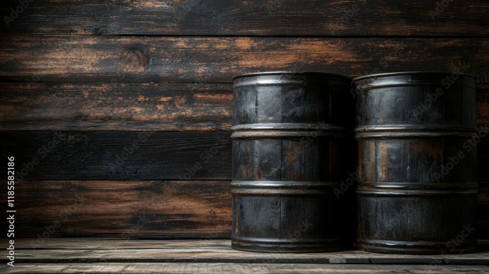 Black oil barrels on wooden surfaces for selective focus photography. Black oil barrels on wooden surfaces for selective focus photography.