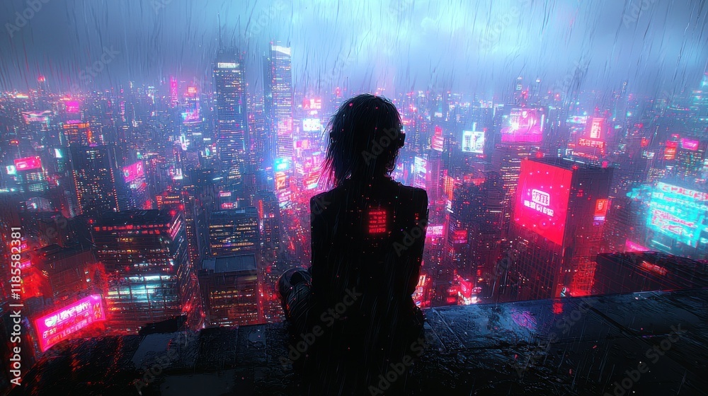 Fototapeta premium Rainy Night in Neo-Tokyo: A Cyberpunk Vision