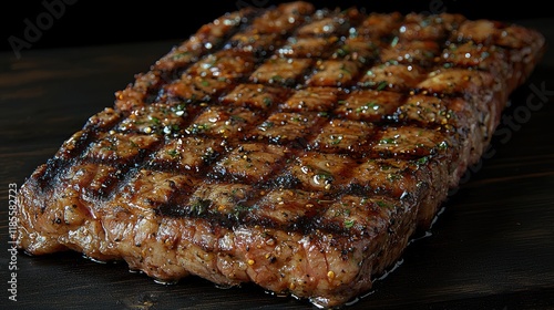 Close-up of a perfectly grilled steak seasoned with herbs and spices, resting on a dark wooden board. The rich brown color and visible grill marks create a visually appetizing image, enhancing the ove photo