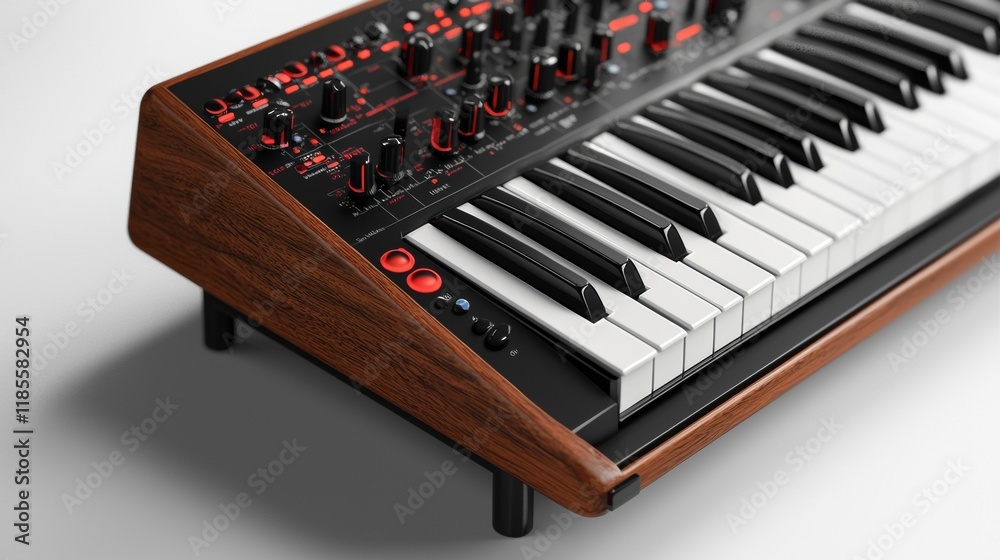Modern synthesizer with wooden finish and black keys displayed against a neutral background in a studio setting Modern synthesizer with wooden finish and black keys displayed against a neutral background in a studio setting