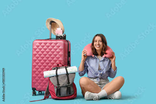Female traveler with bags s...