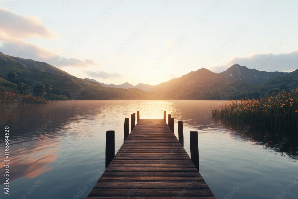 Serene Sunset View Over Calm Lake With Pier and Mountains in Background Serene Sunset View Over Calm Lake With Pier and Mountains in Background