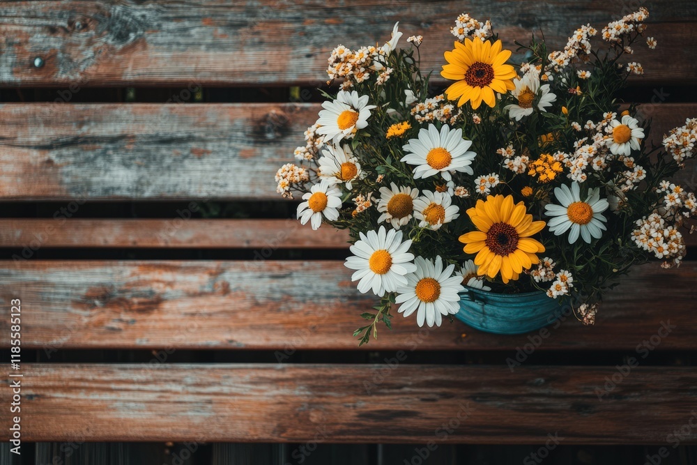 Obraz premium Daisies and sunflowers in a teal pot on wood