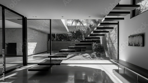 Modern Minimalist Home Interior with Floating Staircase and Garden View