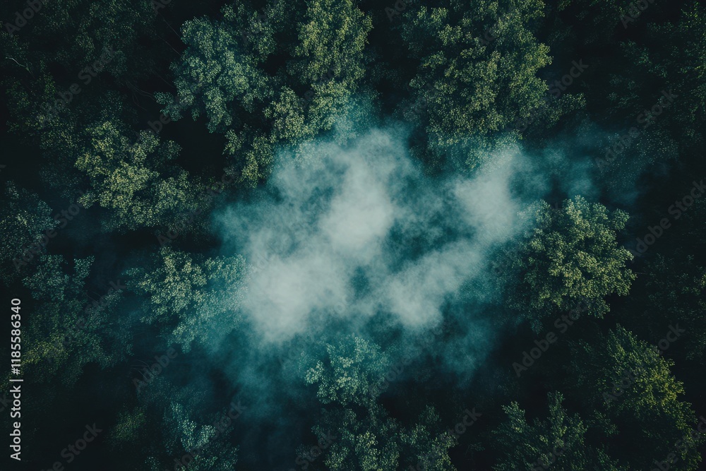 Aerial View of Fog Enveloping a Lush Forest