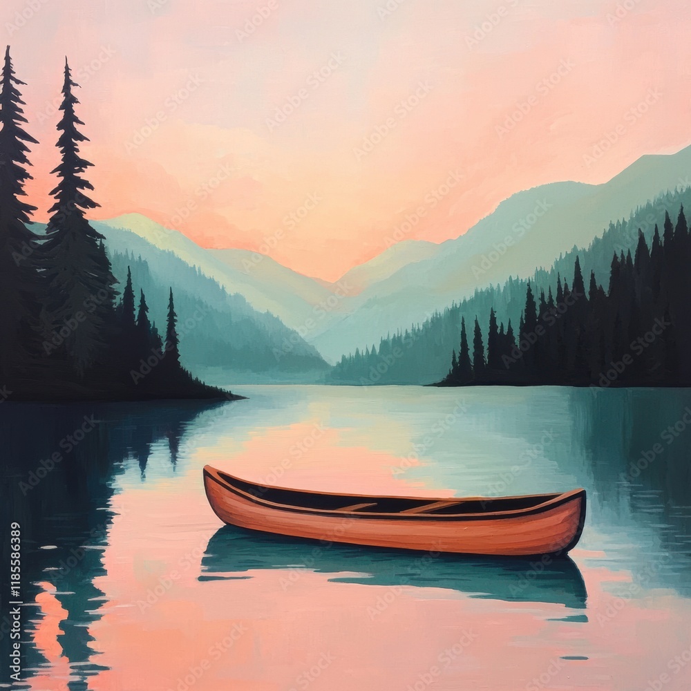 Serene Lake at Dawn with a Canoe and Misty Mountains in Background Serene Lake at Dawn with a Canoe and Misty Mountains in Background