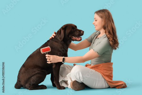 Young woman with pet brush ...