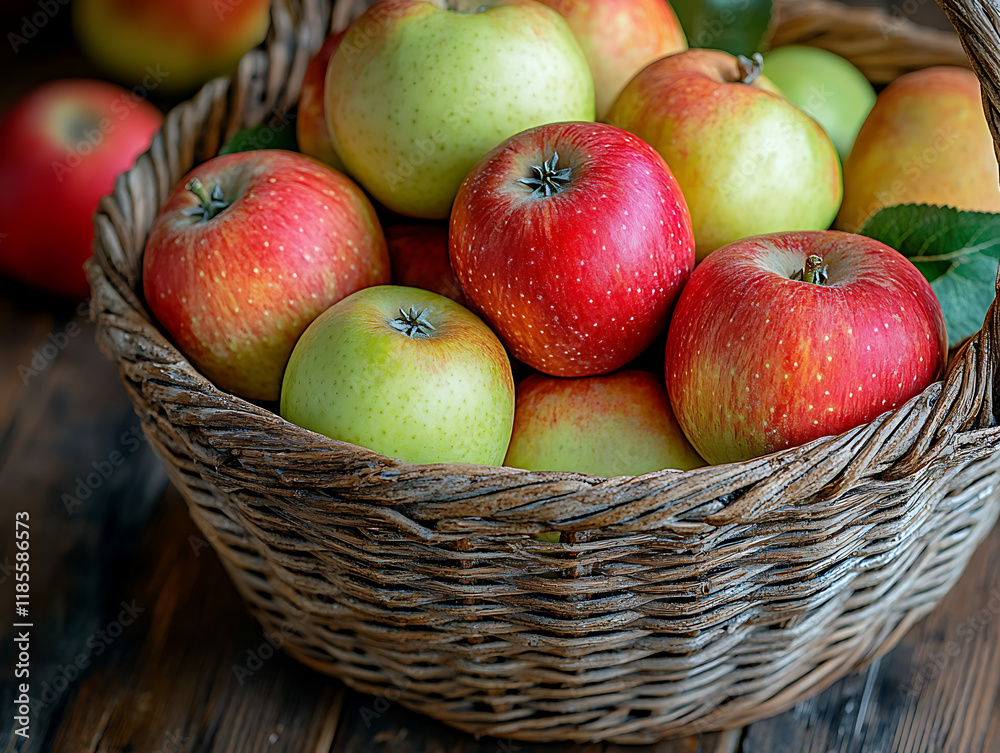 A rustic basket filled with red and green apples, placed on a wooden A rustic basket filled with red and green apples, placed on a wooden