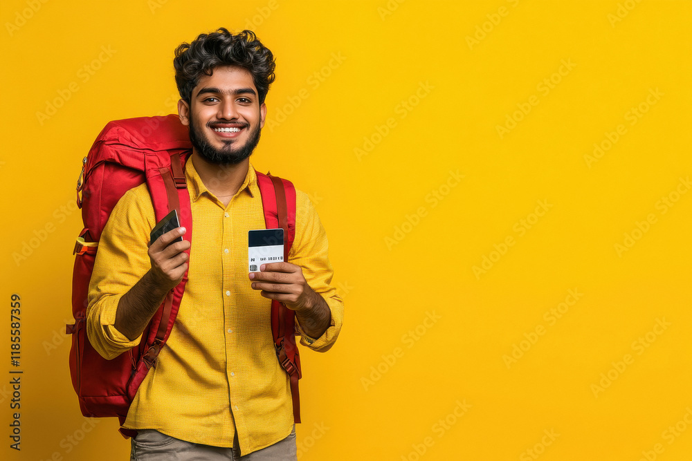 a handsome young Indian man wearing casual and carrying a red backpack, ready for his travel, holding a smartphone and card a handsome young Indian man wearing casual and carrying a red backpack, ready for his travel, holding a smartphone and card