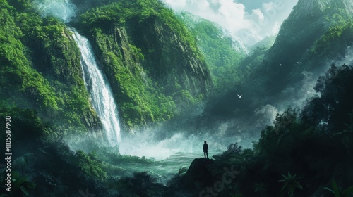 A traveler standing in awe in front of a cascading waterfall, styled with a lush green jungle backdrop photo