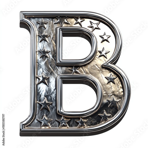 Stylized metallic letter B with stars, white isolated background photo