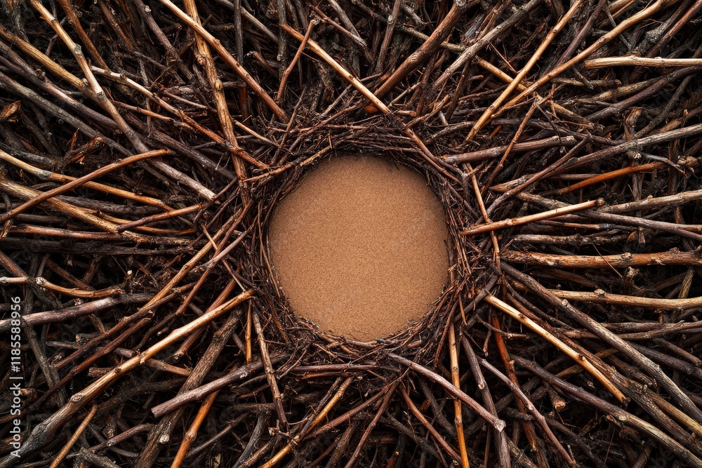 Fototapeta premium Twigs forming a circular frame around sand