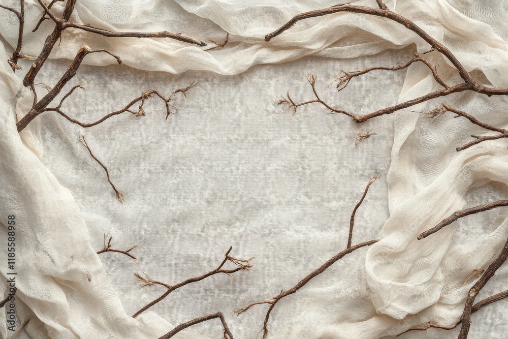 Fototapeta premium Beige Fabric and Twigs Frame a Blank Space