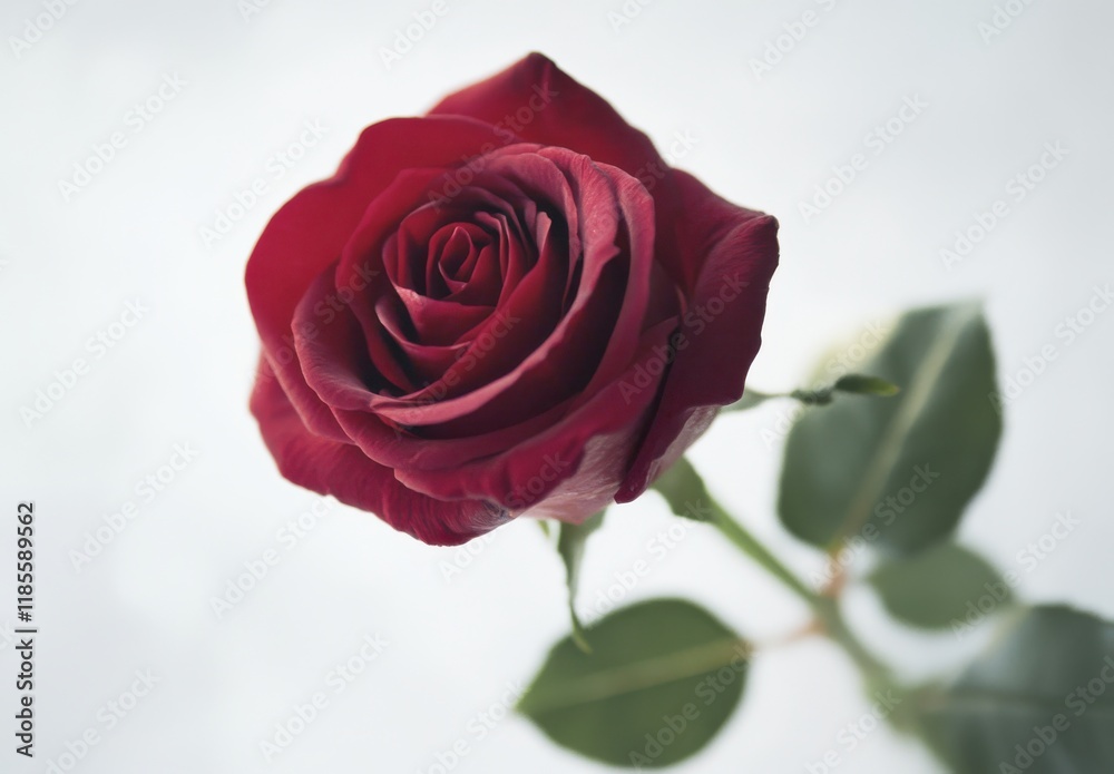 Beautiful Red Rose with Delicate Petals and Lush Green Leaves Against a Soft Background, Perfect for Romantic Themes and Floral Arrangements in Photography Beautiful Red Rose with Delicate Petals and Lush Green Leaves Against a Soft Background, Perfect for Romantic Themes and Floral Arrangements in Photography