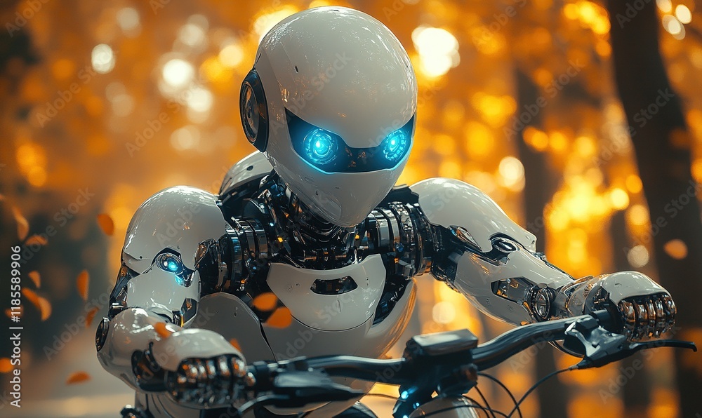 A futuristic robot riding a bicycle through a forest of autumn leaves, showcasing technology in nature. A futuristic robot riding a bicycle through a forest of autumn leaves, showcasing technology in nature.