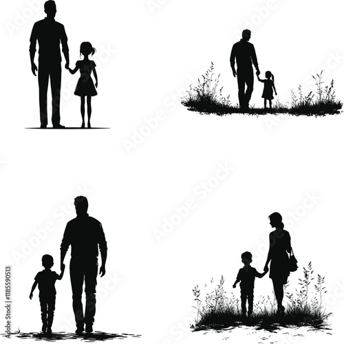 Silhouette of Family Love in Fall Scenery, Walking Together in the Warm Colors of Fall