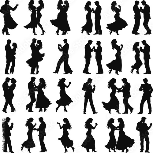 silhouette of happy couple in love kissing romantic, Ballroom Party Dance Couple Silhouettes, Silhouettes of the pairs dancing ballroom dances