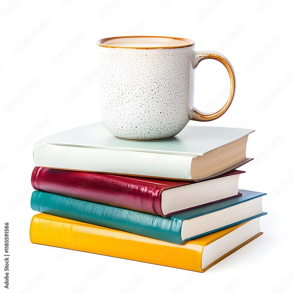Cozy Coffee Mug on Colorful Stack of Books for Study or Relaxation, Generative AI. Cozy Coffee Mug on Colorful Stack of Books for Study or Relaxation, Generative AI.