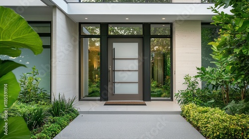 Modern front door featuring frosted glass, with lush plant framing large windows.