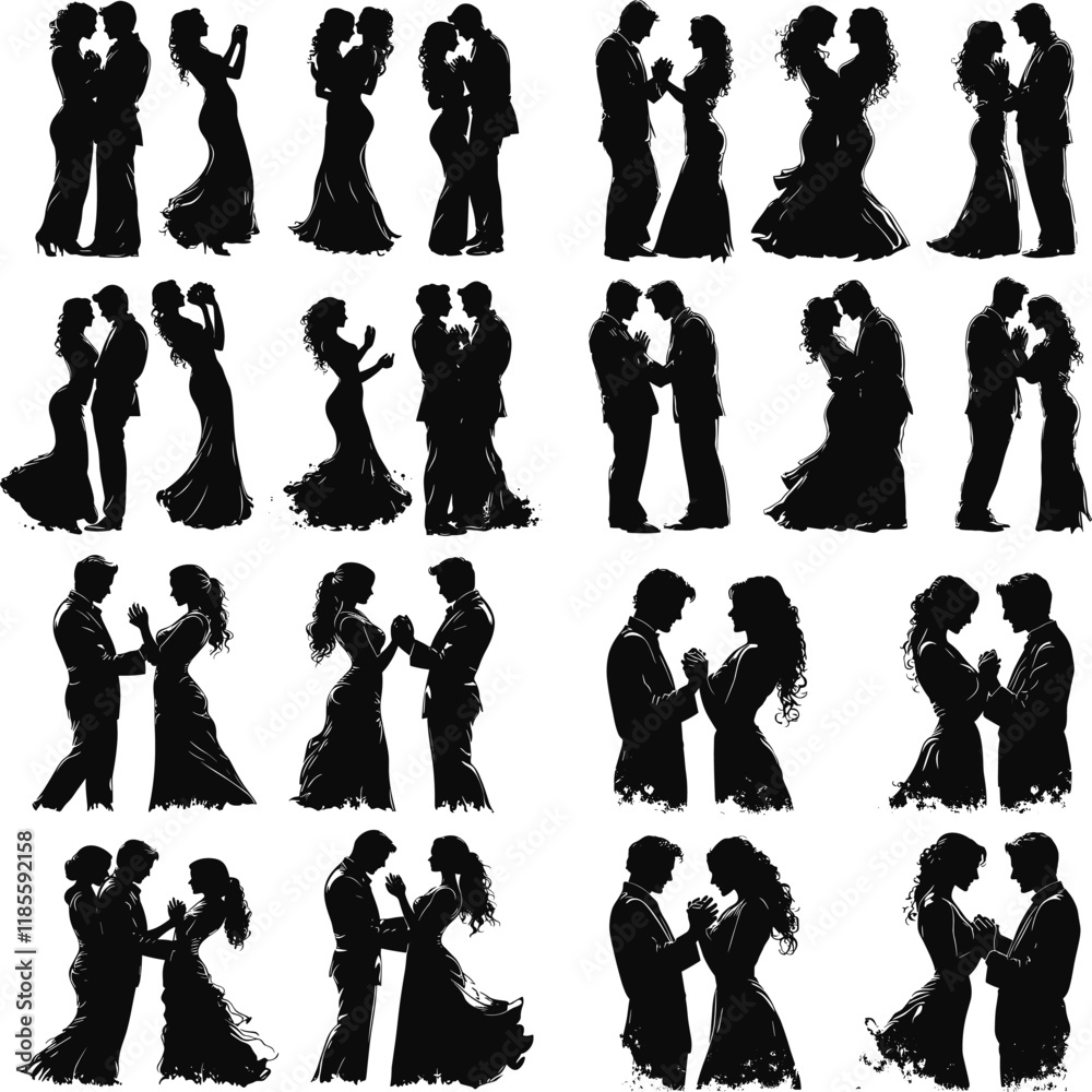 Fototapeta premium Dancing Couple Silhouette Salsa Vector Art, Silhouettes of romantic couples, Cute couple dancing | vector silhouette illustration on white background