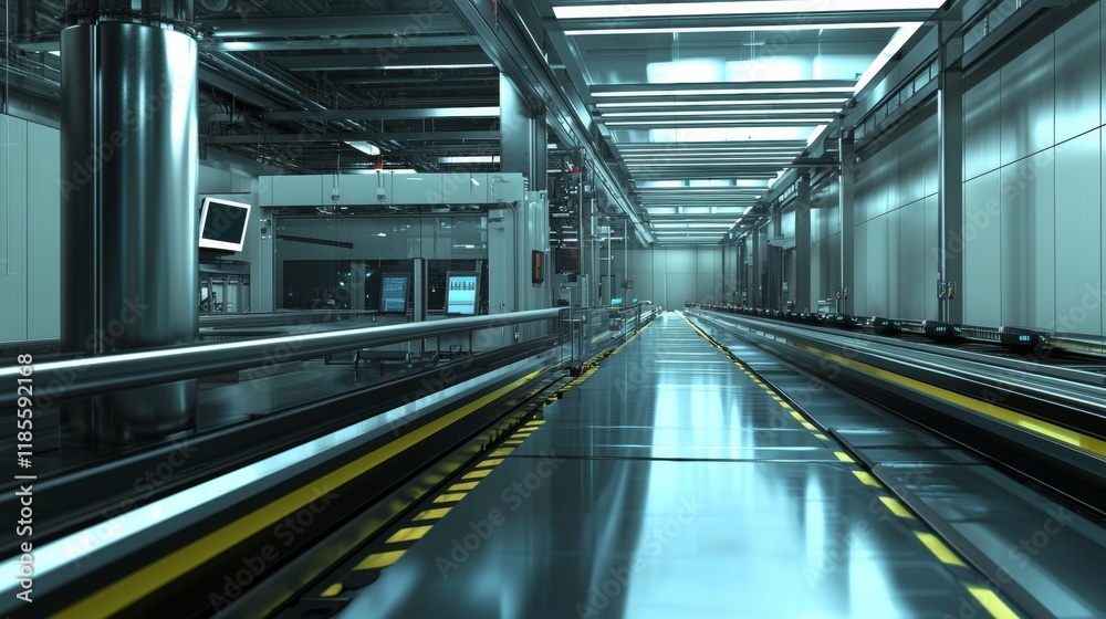 Modern industrial interior showcases a sleek conveyor system in a high-tech facility during the day shift