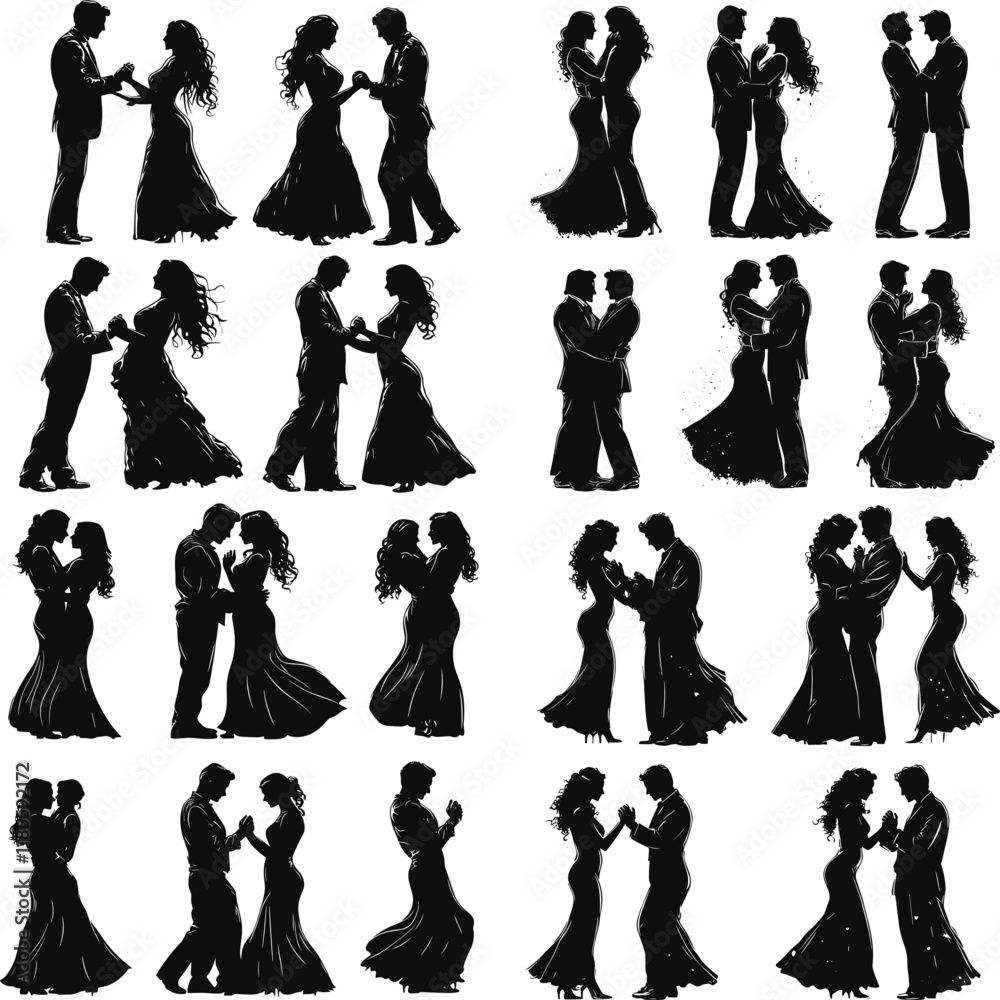 Fototapeta premium Dancing Couple Silhouette Salsa Vector Art, Silhouettes of romantic couples, Cute couple dancing | vector silhouette illustration on white background