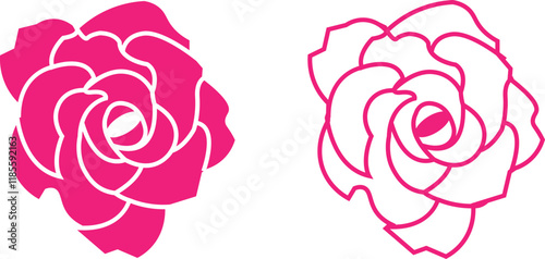 Rose flower set of blooming plant. Garden rose isolated icon of pink petal for romantic floral decoration, wedding bouquet and valentine greeting card flat and line vector collection.