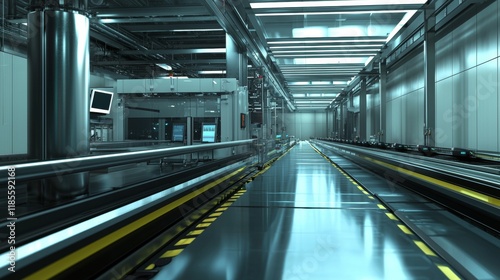 Modern industrial interior showcases a sleek conveyor system in a high-tech facility during the day shift