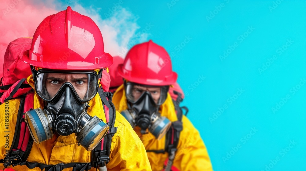 Firefighters in Protective Gear Ready for Action Against Smoke Background Firefighters in Protective Gear Ready for Action Against Smoke Background