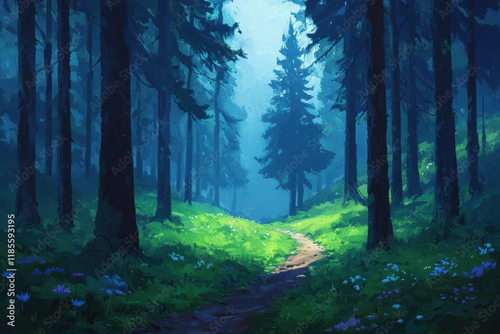Serene Forest Pathway Through Lush Greenery and Mystical Atmosphere Serene Forest Pathway Through Lush Greenery and Mystical Atmosphere