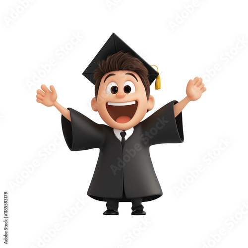 PNG cartoonish young man wearing a graduation gown waves his arms in the air Graduation invitations, congratulatory cards, social media posts, educational materials