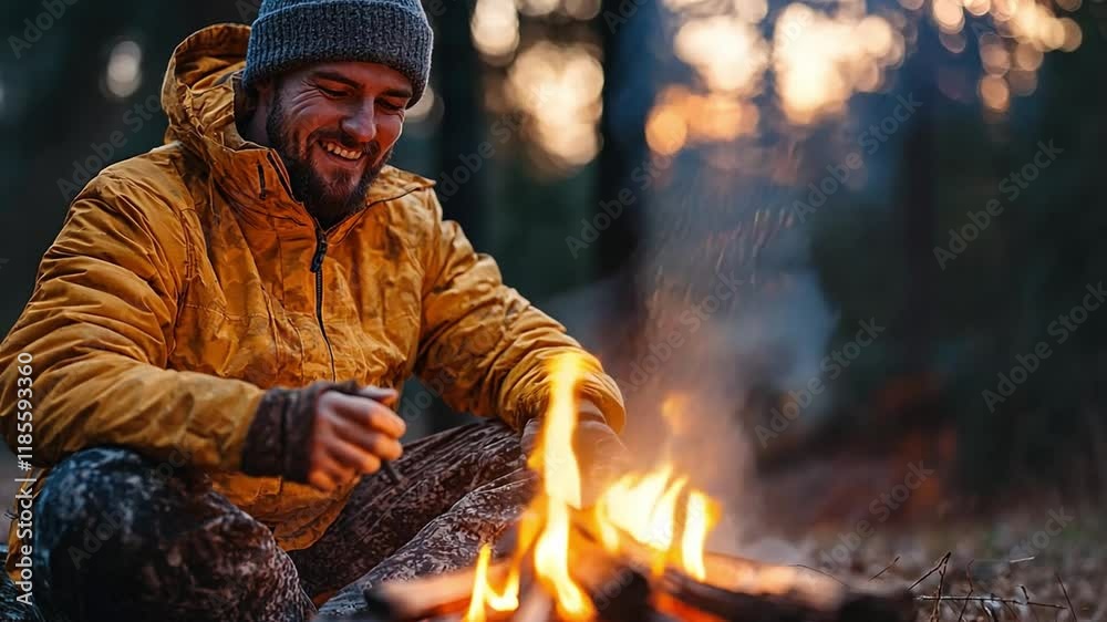 A man in a bright yellow jacket sits by a campfire in the forest, smiling as he enjoys the warmth during twilight.