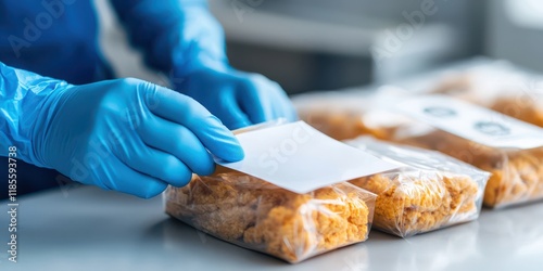 Gloved hand sealing food packages in a certified lab setting. Food safety conceptual image.