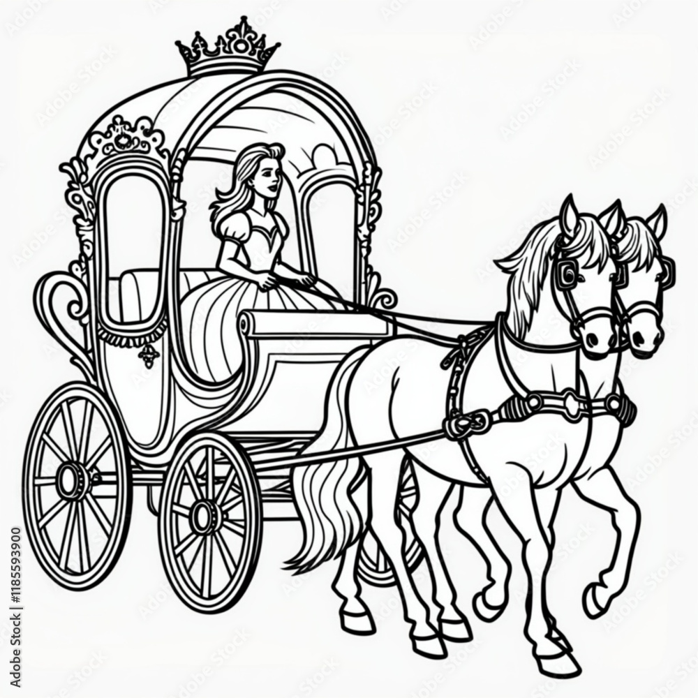 Fototapeta premium A princess sits elegantly in a richly decorated carriage drawn by two majestic horses