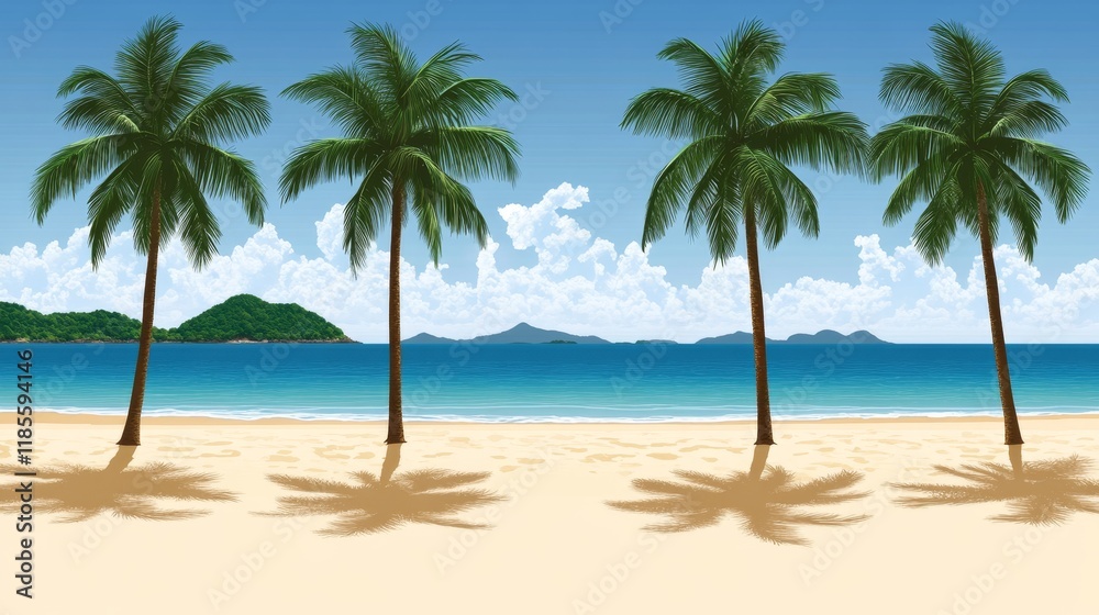 Idyllic Tropical Beach Scene with Four Palm Trees and Distant Islands Idyllic Tropical Beach Scene with Four Palm Trees and Distant Islands