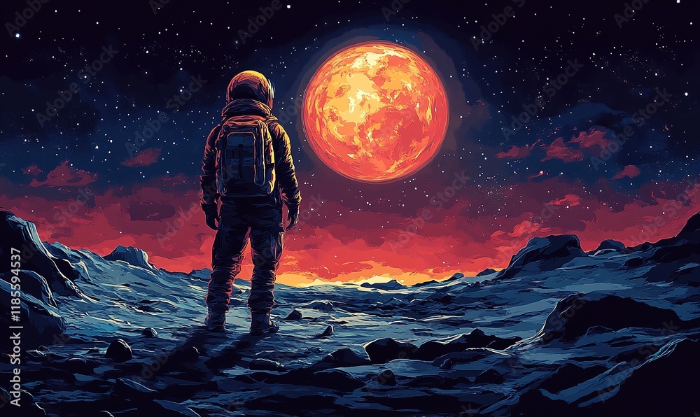 An astronaut stands on a rocky lunar surface, gazing at a massive, glowing red planet in a starry sky. An astronaut stands on a rocky lunar surface, gazing at a massive, glowing red planet in a starry sky.